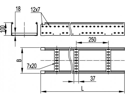 LL1050ZL | Лестничный лоток 100х500, L 3000, цинк-ламельный