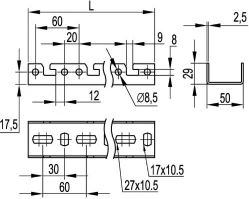 BPF2908 | Профиль BPF, для консолей быстрой фиксации BBF,  L800, толщ.2,5 мм