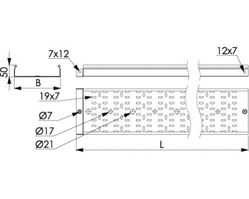3526712ZL | Лоток перфорированный 500х50 L 3000 толщ. 1,2 мм, цинк-ламельный