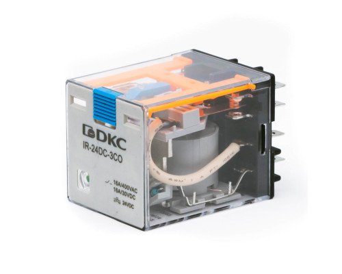 Реле миниатюрное силовое, 3CO, ком. ток 16А, AgSnO2, напряжение 24V DC, опция: тест-кнопка+светодиод+защитный диод IR-24DC-3CO-D | Реле миниатюрное силовое, 3CO, ком. ток 16А, AgSnO2, напряжение 24V DC, опция: тест-кнопка+светодиод+защитный диод