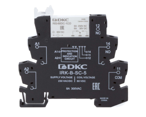 IRK-230UC-1CO | Реле интерфейсное, 1CO, ком. ток 6А, AgSnO2, напряжение 230V AC/DC, винтовые клеммы.