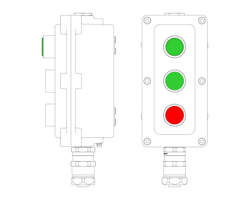 Взрывонепроницаемый пост управления из алюминия LCSD-03-B-MC-L1G(220)x1-P1G(11)x1-P1R(11)x1-PCMB-KAEPM3MHK-26 / 1Ex d IIB T5 Gb / Ex tb IIIC T95°С Db IP66 LCSD21000128 | Взрывонепроницаемый пост управления из алюминия LCSD-03-B-MC-L1G(220)x1-P1G(11)x1-P1R(11)x1-PCMB-KAEPM3MHK-26 / 1Ex d IIB T5 Gb / Ex tb IIIC T95°С Db IP66