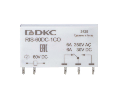 Реле миниатюрное ультратонкое, 1CO, ком. ток 6А, AgSnO2, напряжение 60V DC RIS-60DC-1CO | Реле миниатюрное ультратонкое, 1CO, ком. ток 6А, AgSnO2, напряжение 60V DC