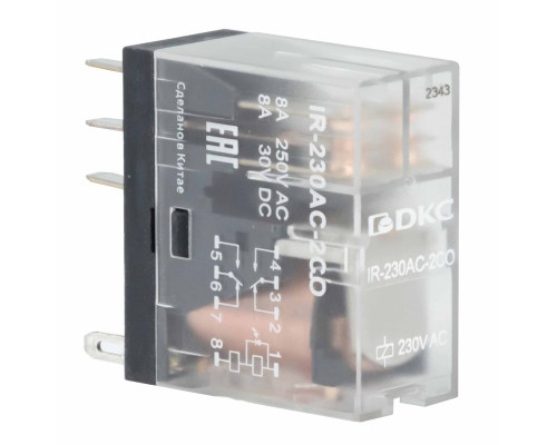 IR-230AC-2CO | Реле миниатюрное промышленное, 2CO, ком. ток 8А, AgSnO2, напряжение 230V AC, опция: светодиод
